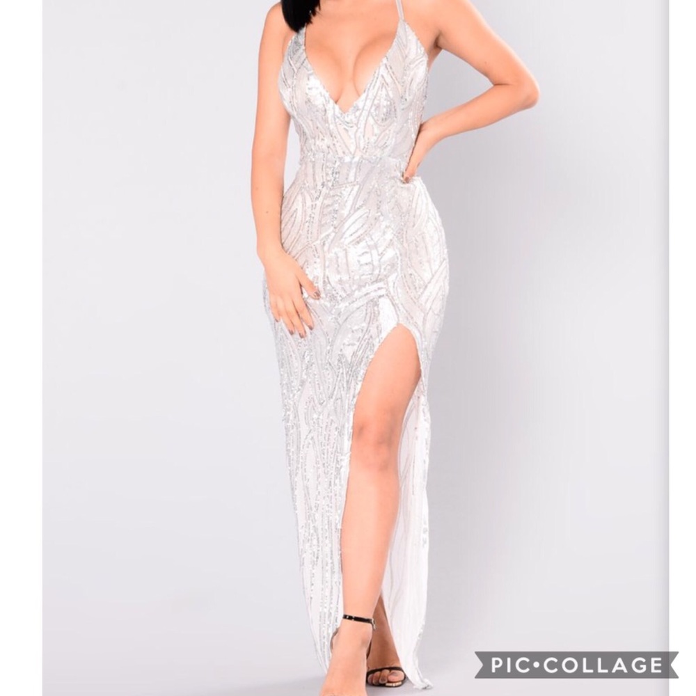 Fashion Nova Silver Sequin dress with Slit